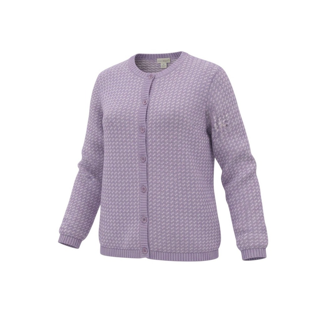 LL Bean Cardigan Sweater Women M Lavender White Cotton Knit Button Front Classic